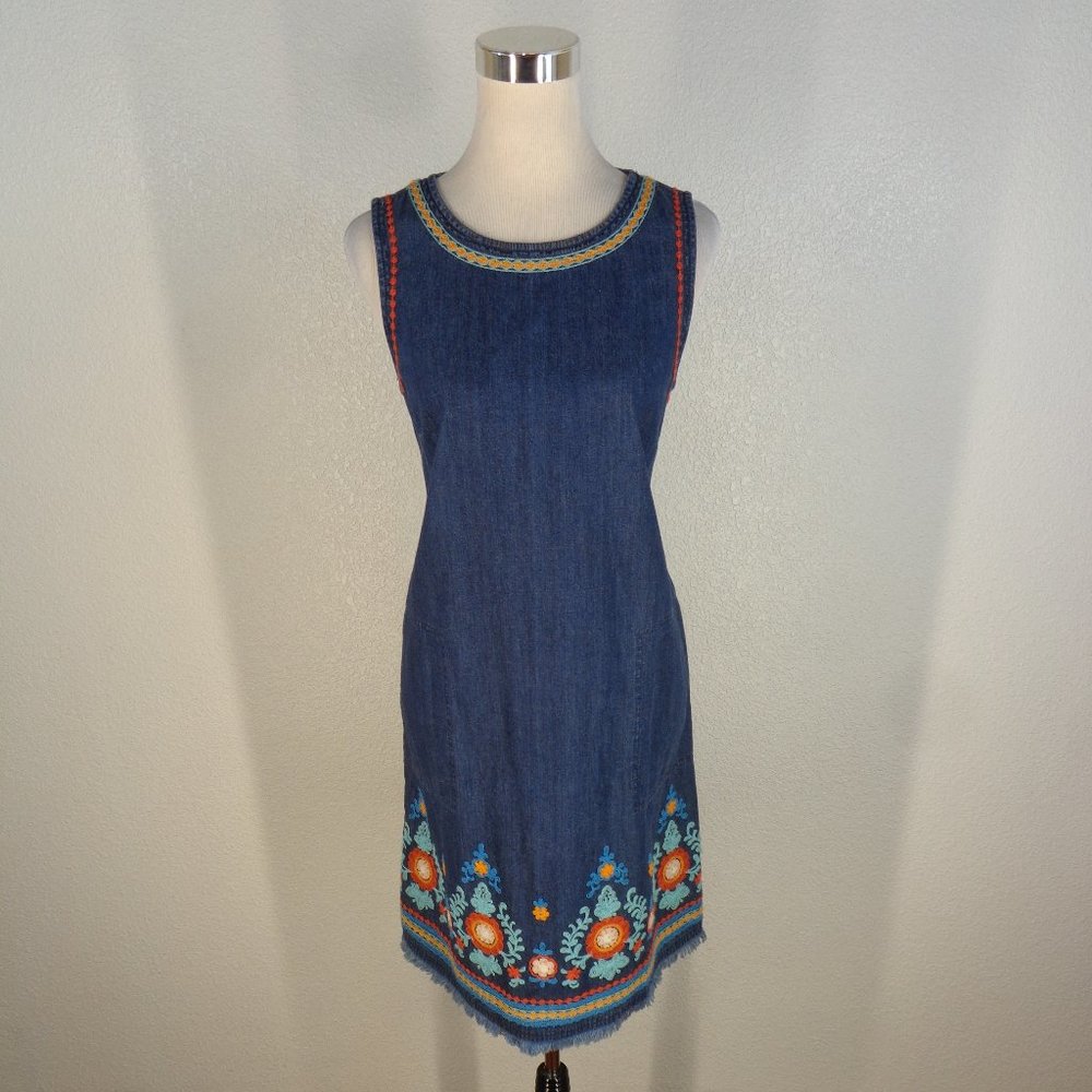 J.JILL $129 Chambray Denim Embroidered Fringe Tank Shift Dress Size XS
